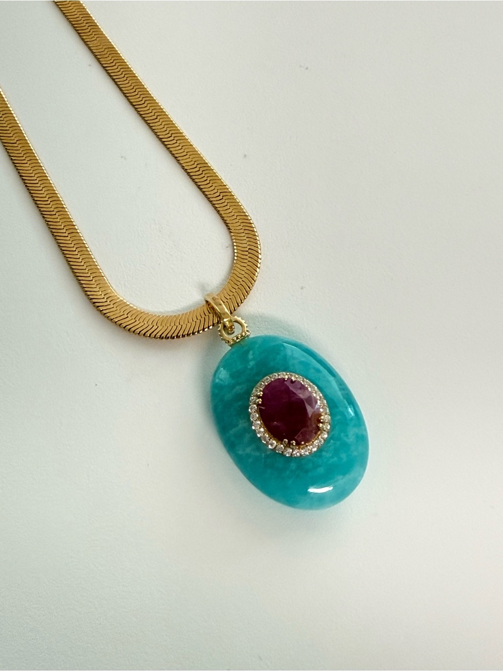 Gold Chain Necklace with Larimar Pendant and Ruby Center